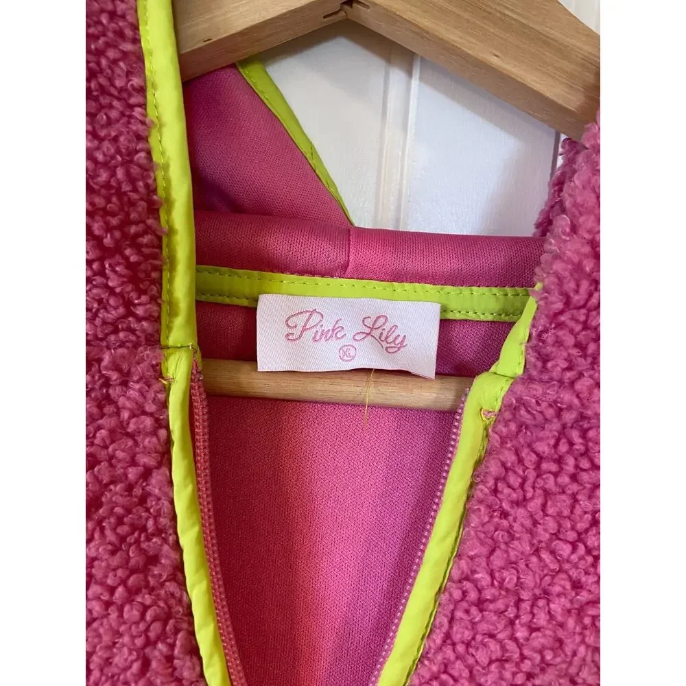 Pink Lily Sherpa Sweatshirt Women's XL Pink / Green Sherpa Quarter-Button - Picture 3 of 5
